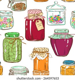 Colorful seamless pattern of mason jars with jam, honey, cookies, confiture, canned olives and sweets