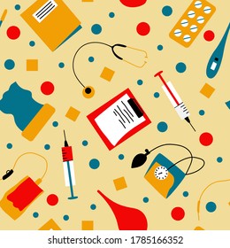 Colorful seamless pattern with medical instruments drawn by hand on a yellow background. Medical topic. Vector illustration.