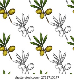 Colorful seamless pattern of Mediterranean olive branches with hand-drawn botanical style. Doodle sketch style. For food packaging, textile prints, kitchen decor, menus and natural product branding.