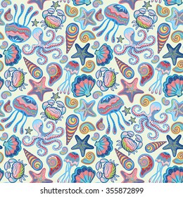 Colorful seamless pattern with medusa starfish shells crab octopus. Sea life vector illustration.