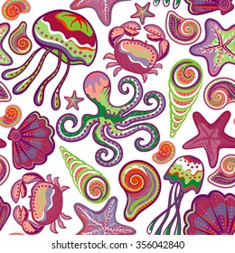 Colorful seamless pattern with medusa starfish shells crab octopus. Sea life vector illustration.