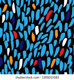 Colorful seamless pattern in Memphis style. Abstract background with hand painted brush strokes. Modern graphic design. Hand Drawn textures made with ink. 