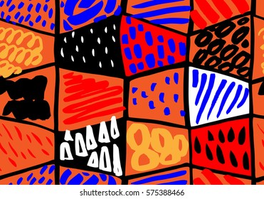 Colorful seamless pattern in Memphis style. Abstract background with hand painted brush strokes. Modern graphic design. Hand Drawn textures made with ink. 
