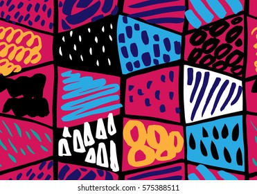 Colorful seamless pattern in Memphis style. Abstract background with hand painted brush strokes. Modern graphic design. Hand Drawn textures made with ink. 