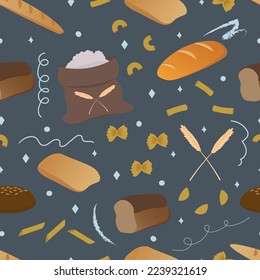 Colorido patrón sin fisuras para panadería a la carta, café, textil o envoltura. Ilustraciones de pan, baguette y otros pasteles para envasados, etiquetas o carteles de estilo plano con elementos de doodle sobre la oscuridad 