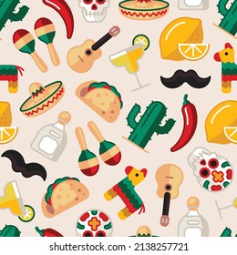 Colorful seamless pattern of Mexican flat icons.