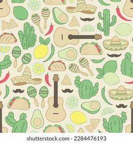 Colorful seamless pattern of Mexican flat icons