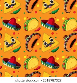 Colorful seamless pattern with Mexican food elements