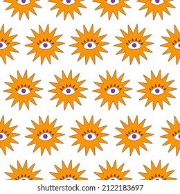 Colorful seamless pattern of minimal magical elemens in groovy retro style 70s-80s. Trendy vector illustration