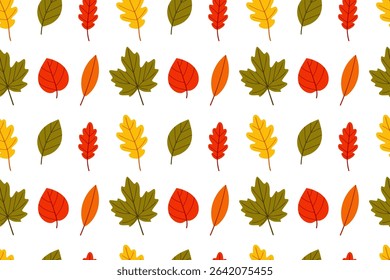 Colorful seamless pattern with mixed autumn leaves in red, orange, yellow and green. Great for fall designs and seasonal backgrounds