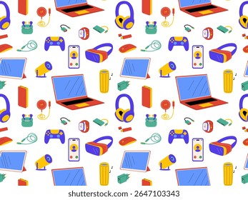 Colorful seamless pattern with modern gadgets including phones, laptops, headphones, and tablets. Vector background for technology, electronics, and device themed designs