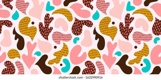 Colorful seamless pattern with modern Scandinavian cut out elements. Hand drawn contemporary art collage with abstract shapes.