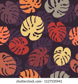 Colorful seamless pattern of monstera leaves, retro colors, prints, textiles