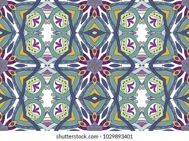 Colorful seamless pattern in mosaic mandala arabesque style. Abstract hand drawn art, stylized floral doodle background. Tribal ethnic arabic, indian morocco ornament. Vector patchwork quilt pattern