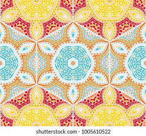 Colorful seamless pattern in mosaic style. Abstract hand drawn art, stylized floral doodle background. Tribal ethnic arabic, indian ornament. Vector patchwork quilt pattern. Textile fabric paper print