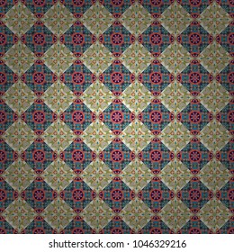 Colorful seamless pattern in mosaic style. Stylized floral doodle background. Vector patchwork quilt pattern. Textile fabric paper print. Oriental ethnic ornament in blue, gray and yellow colors.