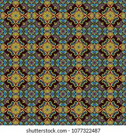 Colorful seamless pattern in mosaic style. Stylized floral doodle background. Vector patchwork quilt pattern. Textile fabric paper print. Oriental ethnic ornament in brown, blue and green colors.