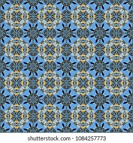 Colorful seamless pattern in mosaic style. Oriental ethnic ornament in blue, gray and black colors. Textile fabric paper print. Vector patchwork quilt pattern. Stylized floral doodle background.
