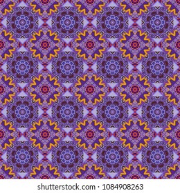 Colorful seamless pattern in mosaic style. Textile fabric paper print. Abstract hand drawn art, stylized floral doodle background in violet, purple and brown colors. Vector patchwork quilt pattern.