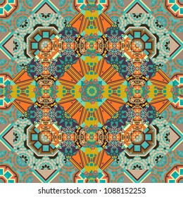 Colorful seamless pattern in mosaic style. Abstract hand drawn art, stylized floral doodle background in orange, blue and beige colors. Textile fabric paper print. Vector patchwork quilt pattern.