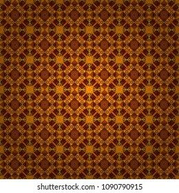Colorful seamless pattern in mosaic style. Textile fabric paper print. Vector patchwork quilt pattern. Abstract hand drawn art, stylized floral doodle background in orange, yellow and brown colors.