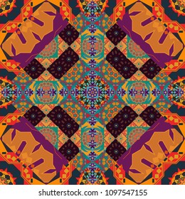 Colorful seamless pattern in mosaic style. Oriental ethnic ornament in purple, brown and orange colors. Vector patchwork quilt pattern. Stylized floral doodle background. Textile fabric paper print.