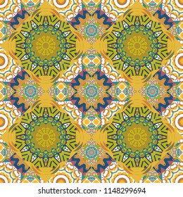 Colorful seamless pattern in mosaic style. Vector patchwork quilt pattern. Textile, fabric, print. Abstract hand drawn art, stylized floral doodle background in orange, blue, green and yellow colors.