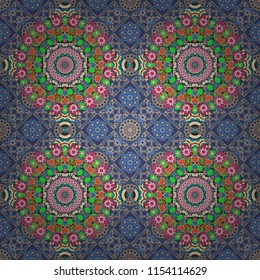 Colorful seamless pattern in mosaic style. Oriental ethnic ornament in beige, pink and blue colors. Textile fabric paper print. Vector patchwork quilt pattern. Stylized floral doodle background.