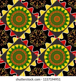Colorful seamless pattern in mosaic style. Vector patchwork quilt pattern. Textile fabric paper print. Stylized floral doodle background. Oriental ethnic ornament in black, orange and green colors.