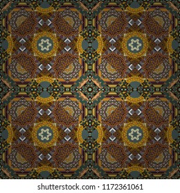 Colorful seamless pattern in mosaic style. Vector patchwork quilt pattern. Abstract hand drawn art, stylized floral doodle background in gray, brown and green colors. Textile fabric paper print.