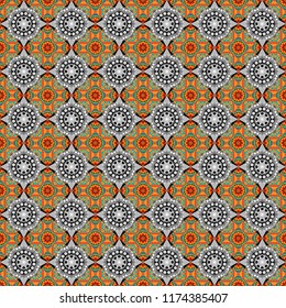 Colorful seamless pattern in mosaic style. Textile fabric paper print. Oriental ethnic ornament in gray, orange and blue colors. Stylized floral doodle background. Vector patchwork quilt pattern.