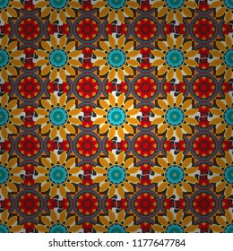 Colorful seamless pattern in mosaic style. Vector patchwork quilt pattern. Stylized floral doodle background. Oriental ethnic ornament in orange, pink and blue colors. Textile fabric paper print.