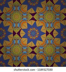 Colorful seamless pattern in mosaic style. Vector patchwork quilt pattern. Abstract hand drawn art, stylized floral doodle background in yellow, violet and blue colors. Textile fabric paper print.