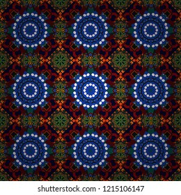 Colorful seamless pattern in mosaic style. Textile fabric paper print. Vector patchwork quilt pattern. Abstract hand drawn art, stylized floral doodle background in brown, black and blue colors.