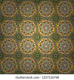 Colorful seamless pattern in mosaic style. Vector patchwork quilt pattern. Textile fabric paper print. Abstract hand drawn art, stylized floral doodle background in brown, gray and beige colors.