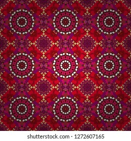 Colorful seamless pattern in mosaic style. Vector patchwork quilt pattern. Stylized floral doodle background. Textile fabric paper print. Oriental ethnic ornament in red, brown and purple colors.