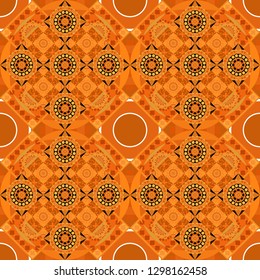 Colorful seamless pattern in mosaic style. Textile fabric paper print. Vector patchwork quilt pattern. Abstract hand drawn art, stylized floral doodle background in orange, yellow and black colors.
