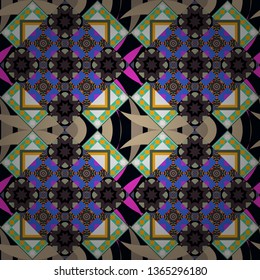 Colorful seamless pattern in mosaic style. Textile fabric paper print. Vector patchwork quilt pattern. Abstract hand drawn art, stylized floral doodle background in black, brown and blue colors.