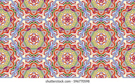 Colorful seamless pattern in mosaic style. Abstract hand drawn art, stylized floral doodle background. Tribal ethnic arabic, indian ornament. Vector patchwork quilt pattern. Textile fabric paper print