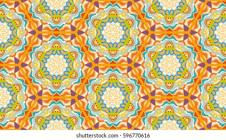Colorful seamless pattern in mosaic style. Abstract hand drawn art, stylized floral doodle background. Tribal ethnic arabic, indian ornament. Vector patchwork quilt pattern. Textile fabric paper print