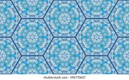 Colorful seamless pattern in mosaic style. Abstract hand drawn art, stylized floral doodle background. Tribal ethnic arabic, indian ornament. Vector patchwork quilt pattern. Textile fabric paper print