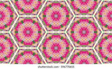 Colorful seamless pattern in mosaic style. Abstract hand drawn art, stylized floral doodle background. Tribal ethnic arabic, indian ornament. Vector patchwork quilt pattern. Textile fabric paper print