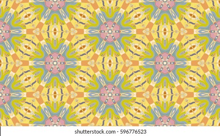 Colorful seamless pattern in mosaic style. Abstract hand drawn art, stylized floral doodle background. Tribal ethnic arabic, indian ornament. Vector patchwork quilt pattern. Textile fabric paper print