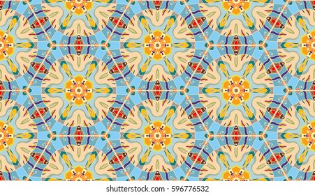 Colorful seamless pattern in mosaic style. Abstract hand drawn art, stylized floral doodle background. Tribal ethnic arabic, indian ornament. Vector patchwork quilt pattern. Textile fabric paper print