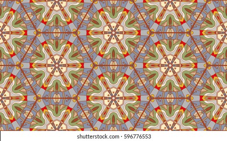 Colorful seamless pattern in mosaic style. Abstract hand drawn art, stylized floral doodle background. Tribal ethnic arabic, indian ornament. Vector patchwork quilt pattern. Textile fabric paper print