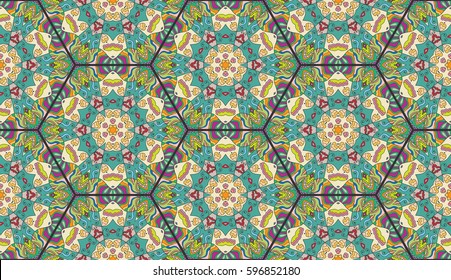 Colorful seamless pattern in mosaic style. Abstract hand drawn art, stylized floral doodle background. Tribal ethnic arabic, indian ornament. Vector patchwork quilt pattern. Textile fabric paper print