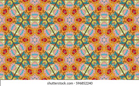 Colorful seamless pattern in mosaic style. Abstract hand drawn art, stylized floral doodle background. Tribal ethnic arabic, indian ornament. Vector patchwork quilt pattern. Textile fabric paper print