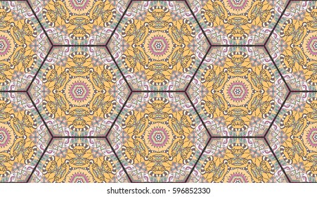 Colorful seamless pattern in mosaic style. Abstract hand drawn art, stylized floral doodle background. Tribal ethnic arabic, indian ornament. Vector patchwork quilt pattern. Textile fabric paper print