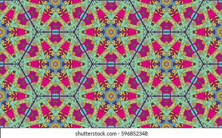 Colorful seamless pattern in mosaic style. Abstract hand drawn art, stylized floral doodle background. Tribal ethnic arabic, indian ornament. Vector patchwork quilt pattern. Textile fabric paper print