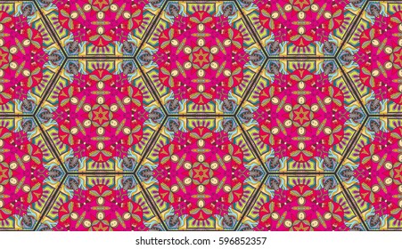 Colorful seamless pattern in mosaic style. Abstract hand drawn art, stylized floral doodle background. Tribal ethnic arabic, indian ornament. Vector patchwork quilt pattern. Textile fabric paper print
